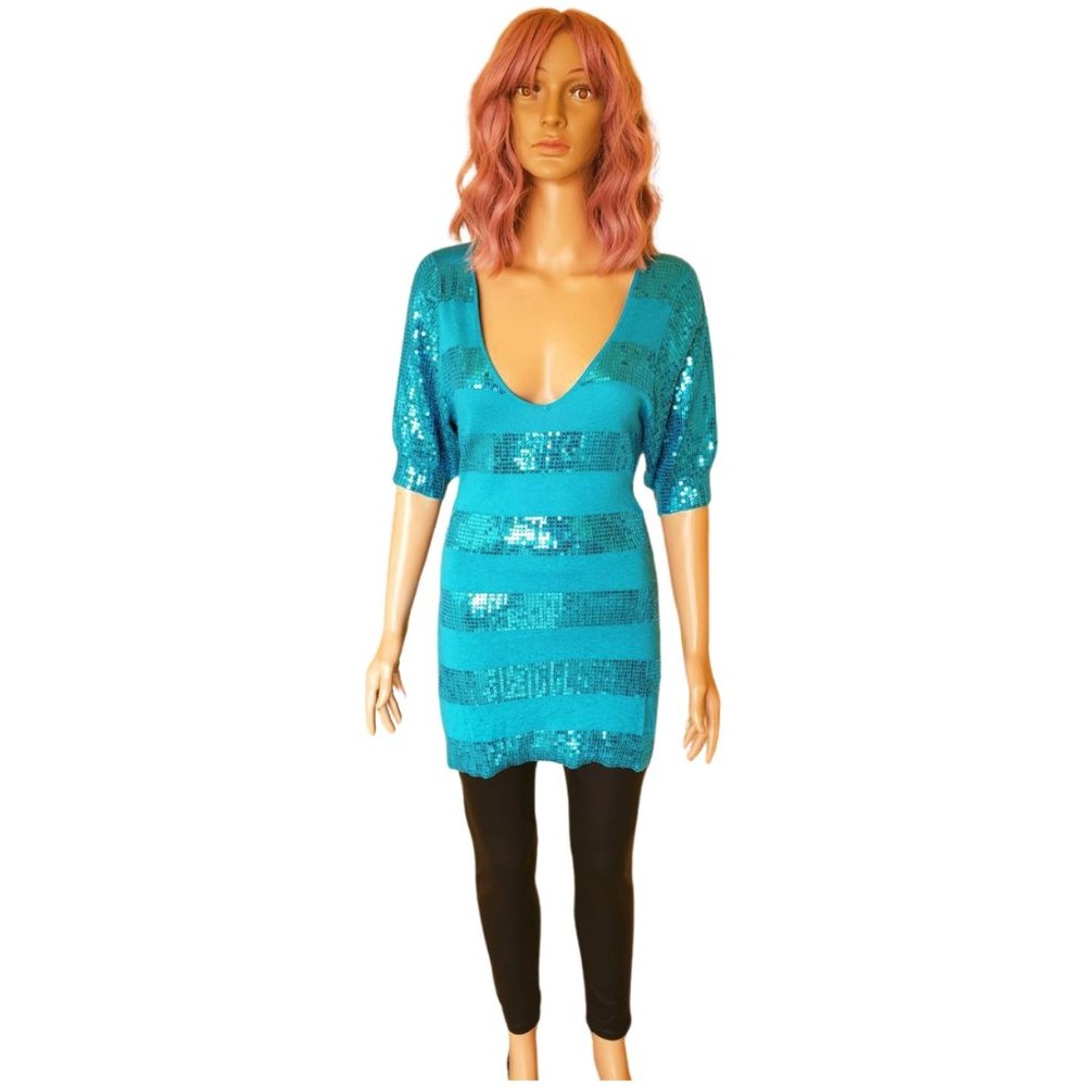 Express Aqua Sequin Striped Mini Top/Dress – Size S - Picture 2 of 12